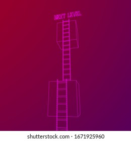 Next level with high giant box wall towards the sky with clouds and tall ladders. Pass challenge to reach the goal concept. Wireframe low poly mesh vector illustration.