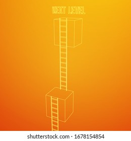 Next level with high giant box wall towards the sky with clouds and tall ladders. Pass challenge to reach the goal concept. Wireframe low poly mesh vector illustration.