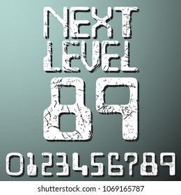 Next level numbers vintage t-shirt stamp. Grunge textured number 0 1 2 3 4 5 6 7 8 9 designed for printing products, badge, applique, label, t shirt, jeans and casual wear print. Vector illustration.