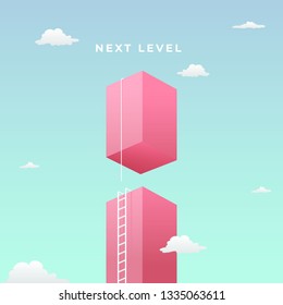 Next Level To Success Visual Concept Design. High Giant Wall Towards The Sky With Tall Ladder And Next Flying Cube With Rope To Climb Vector Illustration.