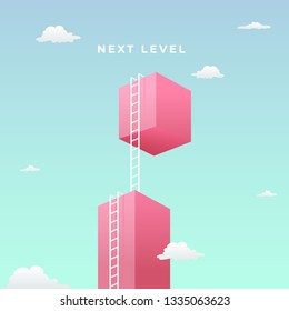 next level to success visual concept design. double step climb the high giant wall towards the sky with tall ladder vector illustration.