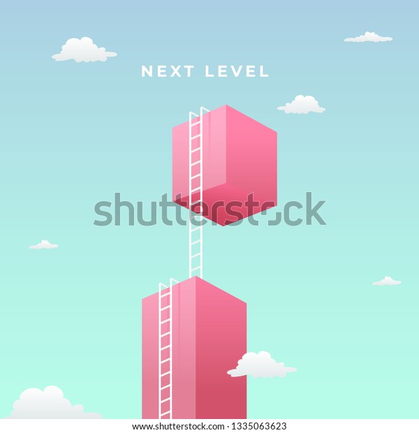 next level to success visual concept\
design. double step climb the high giant wall towards the sky with\
tall ladder vector\
illustration.