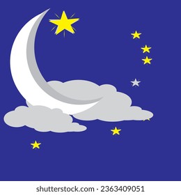 next moon with stars around it. The sky was blue and there were a few clouds next to the crescent moon.