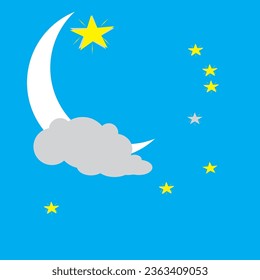 next moon with stars around it. The sky was blue and there were a few clouds next to the crescent moon.