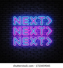 Next Neon inscription. Next Steps Neon sign, design template, modern trend design, night signboard, night bright advertising, light banner, light background. Vector illustration.