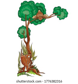 next to an old stump a tree grows in the crown of which a bird sits and looks down, cartoon illustration, isolated object on a white background, vector illustration, eps