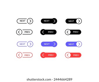 Next and Prev buttons. Different styles, right and left arrow buttons, next and prev buttons. Vector icons