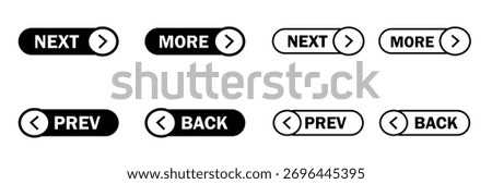 Next, Previous, Back, and More buttons icon set. Vector collection of modern UI navigation elements in solid and outline styles for website and mobile app design.