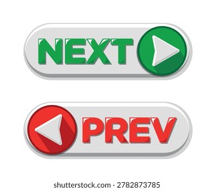 Next and Previous button icons set. Web push buttons prev and next with arrows. Vector on transparent background