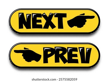 Next and Previous button icons. Web push buttons prev and next with index finger in comic style. Vector cartoon illustration on transparent background