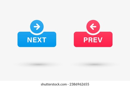 next and previous buttons with arrow right left icon in modern label banner. back prev and next button	