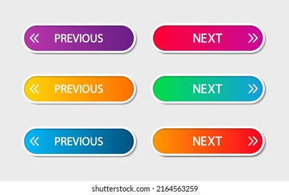 Next and previous buttons. Next and previous icons. Back or forward in web page, website and slideshow. Button with arrows for prev, go and slide. UI elements. Vector.