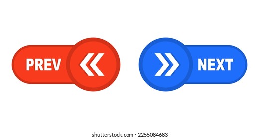 Next and previous buttons. Web buttons with arrows prev and next. Left, right, previous, next icons. Website or app ui pages changer. Stock vector illustration isolated on white background