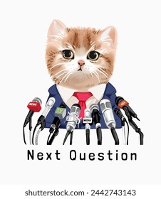 next question slogan with cute kitten with press conference microphones hand drawn vector illustration