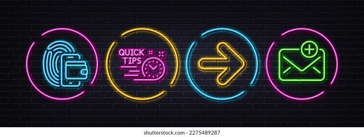 Next, Quick tips and Wallet minimal line icons. Neon laser 3d lights. New mail icons. For web, application, printing. Forward, Helpful tricks, Fingerprint access. Add e-mail. Vector