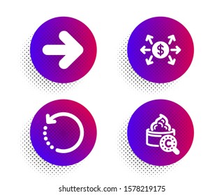 Next, Recovery Data And Dollar Exchange Icons Simple Set. Halftone Dots Button. Collagen Skin Sign. Forward, Backup Info, Payment. Skin Care. Business Set. Classic Flat Next Icon. Vector