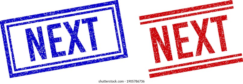 NÄCHSTE Gummiimitationen mit Stress-Textur. Vektorgrafiken mit Doppellinien, in blauen und roten Varianten. Phrase in doppeltem Rechteckrahmen und parallelen Linien.