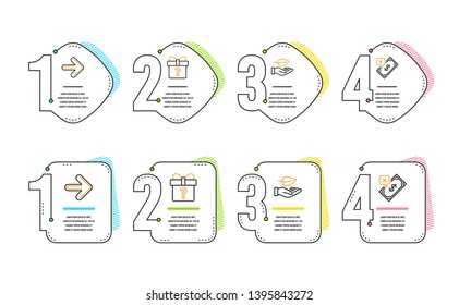 Next, Secret gift and Leaf icons simple set. Rejected payment sign. Forward, Unknown package, Plant care. Bank transfer. Business set. Infographic timeline. Line next icon. 4 options or steps. Vector