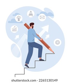 Concepto de pasos siguientes. El hombre con lápiz se levanta la escalera. Autodesarrollo y motivación, ambiciones y crecimiento profesional. Hombre, liderazgo y progreso. Dibujo vectorial plano de dibujos animados