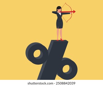 Next target for the future. Confidence Businesswoman standing on percentage sign and shooting arrow