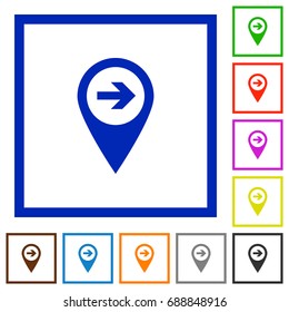 Next target GPS map location flat color icons in square frames on white background