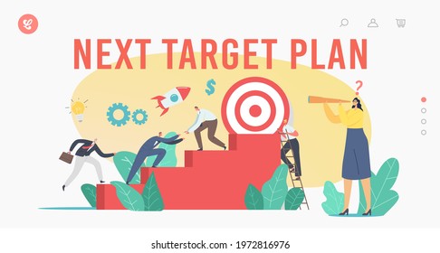 Next Target Plan Landing Page Template. Business Characters Team Climbing Stairs. Business People Reach Aim. Teamwork and Leadership, Investment Growth, Challenge Concept. Cartoon Vector Illustration