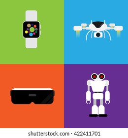 Next Technology Trends, Smart Watch, Drone, Virtual Reality (VR) and Robot, Flat Icon Vector Design on Colorful Background