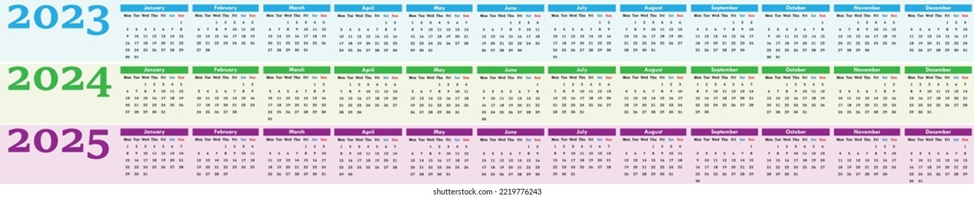 Next three years horizontal calendars