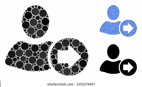 Next user composition of round dots in variable sizes and color hues, based on next user icon. Vector dots are united into blue collage. Dotted next user icon in usual and blue versions.