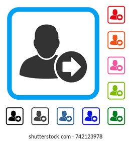 Next User icon. Flat grey iconic symbol inside a light blue rounded rectangular frame. Black, gray, green, blue, red, orange color additional versions of Next User vector.