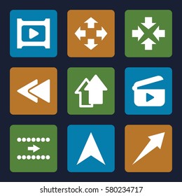 next vector icons. Set of 9 next filled icons such as navigation arrow, play back, play, arrow up, arrow