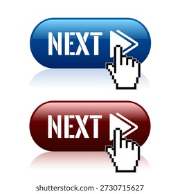 Next web buttons set isolated on white background. Vector graphics design of user interface menu, click button to move next page, track, image, post, article etc. Oblong glossy buttons and mouse cursor, ui creative design flat elements.