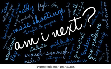 Am I Next word cloud on a black background.