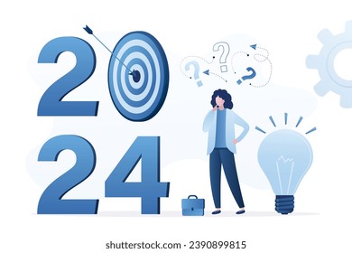 Planificación de negocios el próximo año. Objetivos para 2024, concepto. Mujer de negocios que se acerca a la idea y el 2024 año y pensando en el futuro. Pronóstico, visión del futuro desarrollo empresarial, estrategia y análisis. vector