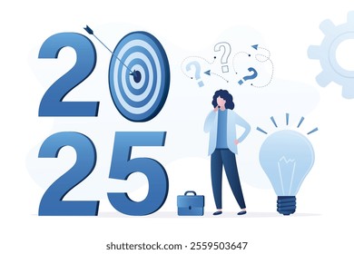 Next year business planning. Goals for 2025, concept. Businesswoman standing near idea and 2025 year and thinking future. Forecast, vision of future business development, strategy and analysis. vector