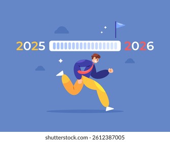 next year's resolution concept. process or progress of development and improvement. 2025 towards 2026. illustration of businessman or employee running towards goal or target. flat style design