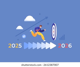 next year's resolution concept. process or progress of development and improvement. 2025 towards 2026. illustration of businessman or employee running towards goal or target. flat style design
