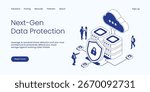 Next-Gen Data Protection with AI-Powered Threat Detection, Zero-Trust Architecture, and Secure Cloud Storage. Technology Isometric 3d Line Vector Illustration