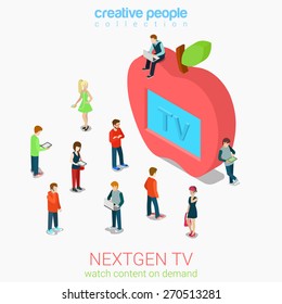 Nextgen online internet tv flat 3d web isometric infographic vector. Next generation television. Micro people crowd before huge apple shaped tv set screen. Creative people collection.