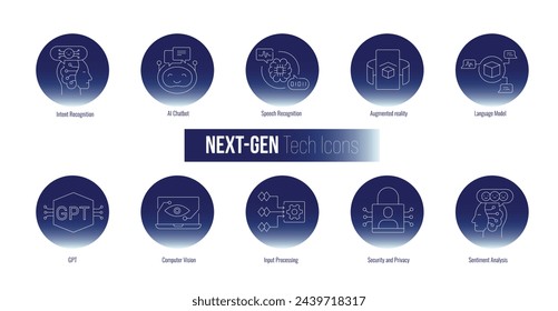 Next-Gen Tech Icons. Illustrating Sentiment Analysis, Language Model, Security and Privacy, Input Processing, GPT, Intent Recognition, Augmented reality, Computer Vision, and more.