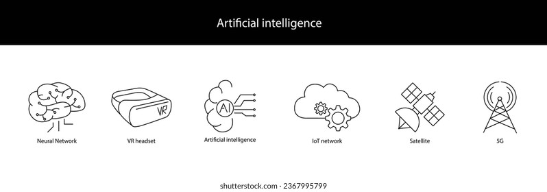 Next-Gen Tech Vector Icon: Neural Network, VR Headset, Artificial Intelligence, IoT, Satellite, and 5G - Advancing the Future in Scalable Format