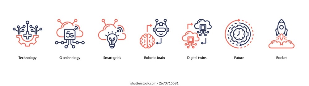 Ilustração vetorial do ícone de banner da web da infraestrutura de tecnologia de última geração com tecnologia, tecnologia 5G, Smart Grids, cérebro robótico, gêmeos digitais, Future e Rocket.
