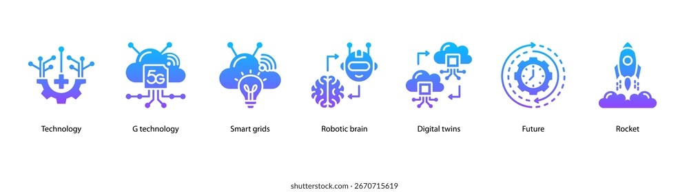 Next-Gen Technology Infrastructure web banner icon vector illustration featuring Technology, 5G Technology, Smart Grids, Robotic Brain, Digital Twins, Future, and Rocket.