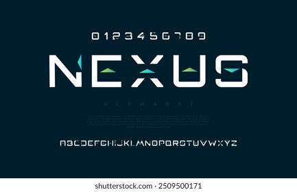 Nexus creative modern geometric urban alphabet font. Digital abstract futuristic, game, techno, robot, music, logo, sport, minimal technology typography. Simple numeric vector illustration