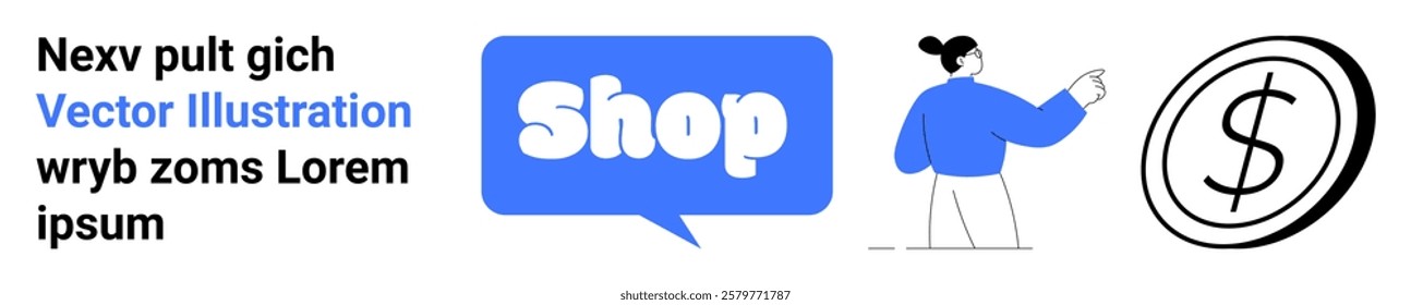 Nexv pult gich Vector Illustration wryb zoms Lorem ipsum Shop, a person pointing to a button, and a dollar sign in simple style. Ideal for e-commerce, online shopping, financial transactions, digital