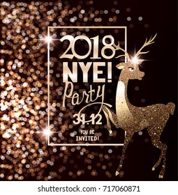 NEY invitation cards with defocused lights, frame and deer. Vector illustration