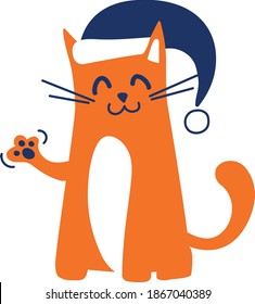 Ney year cat smiling saying hi. Christmas greeting. Vector flat illustration isolated on white background.