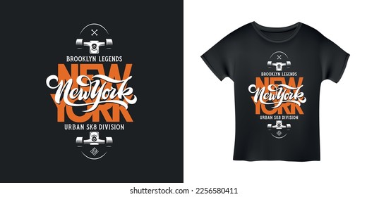 Ney York skateboard t-shirt design typography. Modern trendy apparel calligraphy print. Hand drawn New York lettering inscription. Vector vintage illustration.