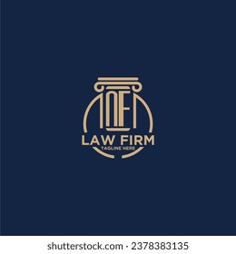 Monograma inicial de NF para bufete de abogados con línea de círculo creativo