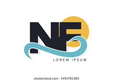 NF letter logo with ocean waves and sunset. Beach concept design